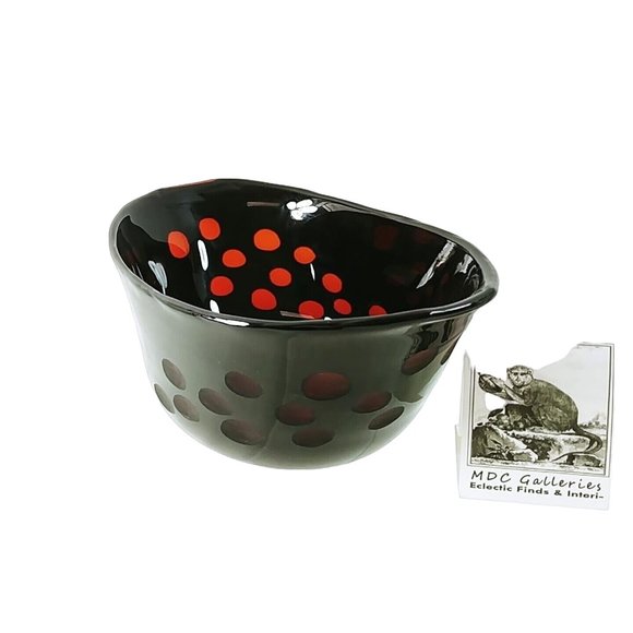 Art Glass Oval Bowl Hand Blown Pontil Mark Ruby Red Transparent Etched Circles - Picture 2 of 10